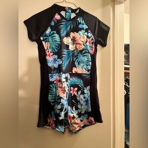 Black Floral Short Sleeve Swimsuit